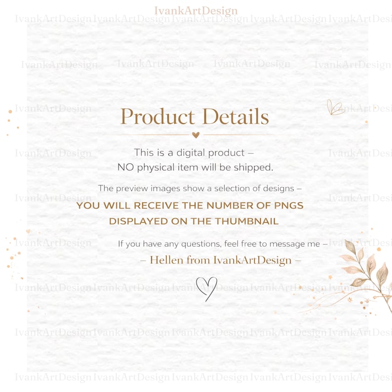 May include: A digital product details page with the text "Product Details." The text states that no physical item will be shipped and that the buyer will receive the number of PNGs displayed on the thumbnail.