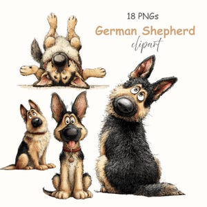 Può includere: Una collezione di quattro immagini clipart di Pastore Tedesco dei cartoni animati. I cani sono in varie pose, tra cui a testa in giù, seduti e che guardano in alto. Il testo "18 PNGs German Shepherd clipart" è in alto.