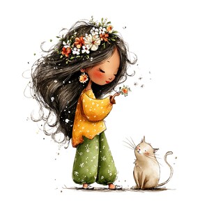 Whimsical Girl and Cat Love Clipart: Nursery Graphics (Digital Download - 24 PNGs)

A charming collection of clipart illustrations featuring a sweet, wide-eyed girl and her cute cat friend. Each illustration is designed with gentle lines, soft shading, and a dreamy, enchanted feel—perfect for children’s décor, invitations, stickers, scrapbooking, and nursery art.
