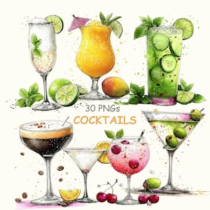 Puede incluir: Ilustración en acuarela de varios cócteles, incluyendo una bebida blanca con menta y lima, una bebida amarilla con una pequeña sombrilla y una bebida verde con rodajas de pepino. Incluye el texto "30 PNGs COCKTAILS."