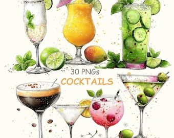 Cocktail Summer Clipart: Tropical Drink Illustration Set, Cute Beach Cocktails, Vacation Party Graphics (Digital Download - 30 PNGs)
