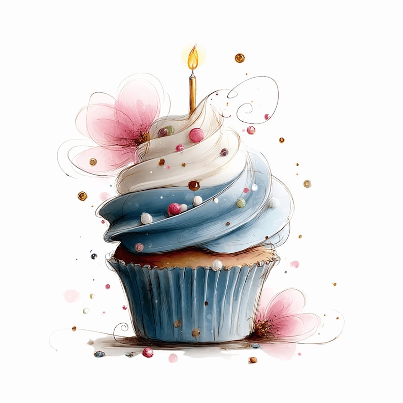 May include: A watercolour illustration of a cupcake with blue and white icing, topped with a lit candle. Pink flowers and sprinkles surround the cupcake, set against a white background. The cupcake is in a blue paper case.