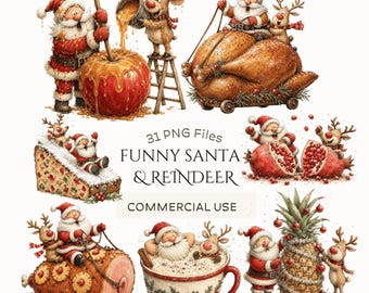 Funny Santa & Reindeer Christmas Clipart: Festive Food Graphics (Digital Download - 31 PNGs)