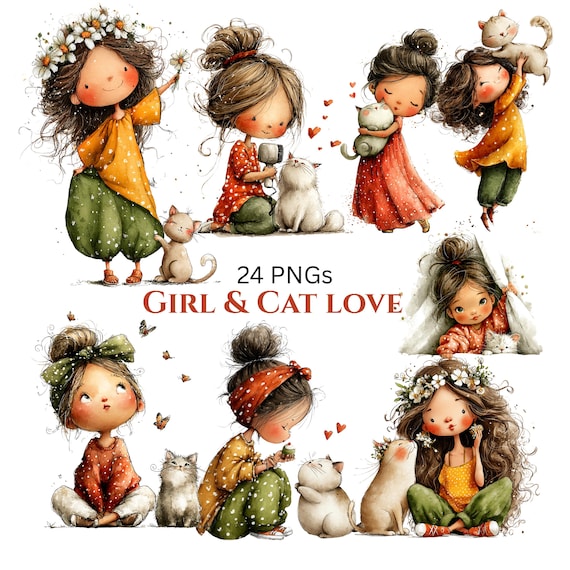 Whimsical Girl and Cat Love Clipart: Nursery Graphics (Digital Download - 24 PNGs)