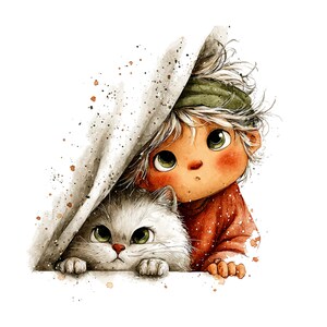 Whimsical Girl and Cat Love Clipart: Nursery Graphics (Digital Download - 24 PNGs)

A charming collection of clipart illustrations featuring a sweet, wide-eyed girl and her cute cat friend. Each illustration is designed with gentle lines, soft shading, and a dreamy, enchanted feel—perfect for children’s décor, invitations, stickers, scrapbooking, and nursery art.