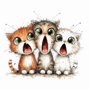 Puede incluir: Una ilustraci&oacute;n en acuarela de tres gatitos sentados uno al lado del otro con la boca muy abierta. El gatito de la izquierda es naranja, el del centro es atigrado marr&oacute;n y el de la derecha es blanco. Los tres tienen grandes ojos verdes.