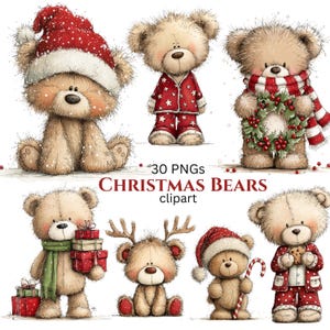Christmas Bears Clipart: Festive Holiday Graphics (Digital Download - 30 PNGs)

Bring holiday cheer to your projects with this adorable 30 Christmas Bears Clipart collection! Each bear is illustrated in a whimsical festive style, featuring cozy pajamas, Santa hats, scarves, gift boxes, candy canes, ornaments, and more. Perfect for Christmas cards, invitations, gift tags, stickers, mugs, t-shirts, scrapbooking, and digital designs.