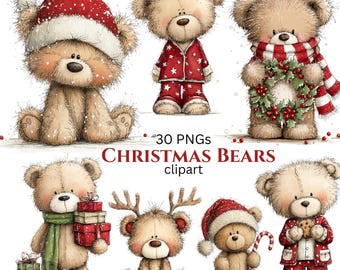 Christmas Teddy Bear Clipart: Festive Holiday Graphics (Digital Download - 30 PNGs)