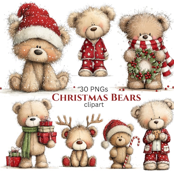 Christmas Teddy Bear Clipart: Festive Holiday Graphics (Digital Download - 30 PNGs)