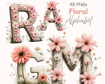 Pink Floral Alphabet Clipart: Watercolor Letters A-Z, Feminine Monogram (Digital Download)