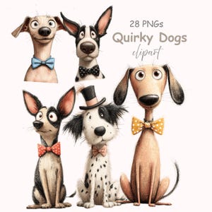 Pode incluir: Ilustração digital de seis cães peculiares, cada um com um design único, usando gravatas borboleta e uma cartola. O texto "28 PNGs Quirky Dogs clipart" é exibido. Fundo claro.