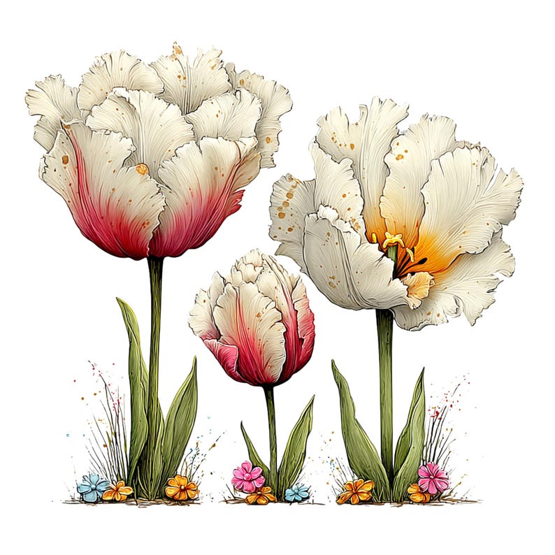 Spring Tulip Flowers Clipart: Whimsical Floral Graphics (Digital Download - 24 PNGs)

A whimsical tulip flowers clipart illustration bursting with playful elegance and fairy-tale charm. The tulips stand tall with gently swaying stems, their rounded petals curling and overlapping in exaggerated, storybook shapes