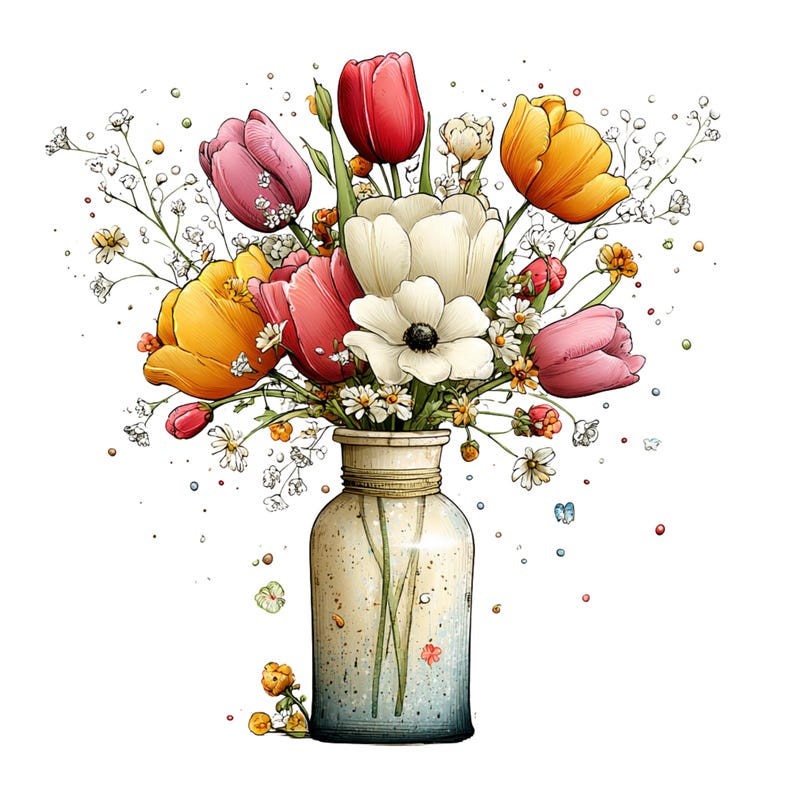 Spring Tulip Flowers Clipart: Whimsical Floral Graphics (Digital Download - 24 PNGs)

A whimsical tulip flowers clipart illustration bursting with playful elegance and fairy-tale charm. The tulips stand tall with gently swaying stems, their rounded petals curling and overlapping in exaggerated, storybook shapes
