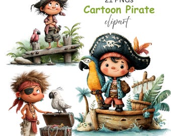May include: A digital illustration featuring three cartoon pirate characters with parrots, treasure chests, and a small boat. The text "21 PNGs Cartoon Pirate clipart" is displayed in green. The pirates wear hats and eye patches.