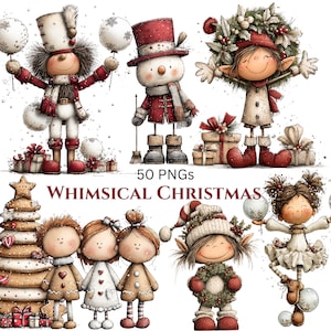May include: A collection of whimsical Christmas-themed digital illustrations. The images feature various characters, including a snowman, elves, and gingerbread figures, all adorned in festive attire. The text "Whimsical Christmas" is displayed below the characters.