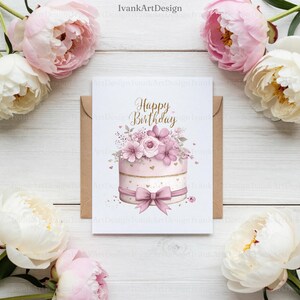 May include: A birthday greeting card with a watercolor illustration of a pink cake adorned with flowers and a bow. The words "Happy Birthday" are written in gold script. The card is surrounded by pink and white peonies.