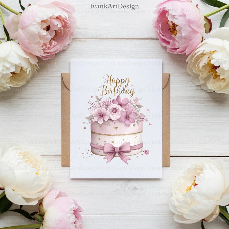 May include: A birthday greeting card with a watercolor illustration of a pink cake adorned with flowers and a bow. The words "Happy Birthday" are written in gold script. The card is surrounded by pink and white peonies.