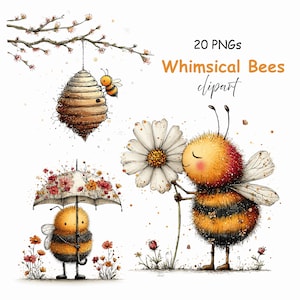 May include: Watercolor illustration featuring whimsical bees. One bee holds a daisy, another stands under a floral umbrella, and a third hovers near a beehive. The image includes the text "20 PNGs Whimsical Bees clipart."