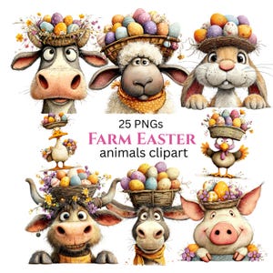 Peut inclure: Illustration numérique d'animaux de la ferme, dont une vache, un mouton, un lapin, un canard, un poulet, un taureau, un âne et un cochon. Chaque animal porte un panier d'œufs de Pâques colorés sur la tête. Le texte "25 PNGs FARM EASTER animals clipart" est également présent.