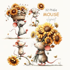 Mouse Sunflowers Clipart: Whimsical Spring Summer Graphics (Digital Download)