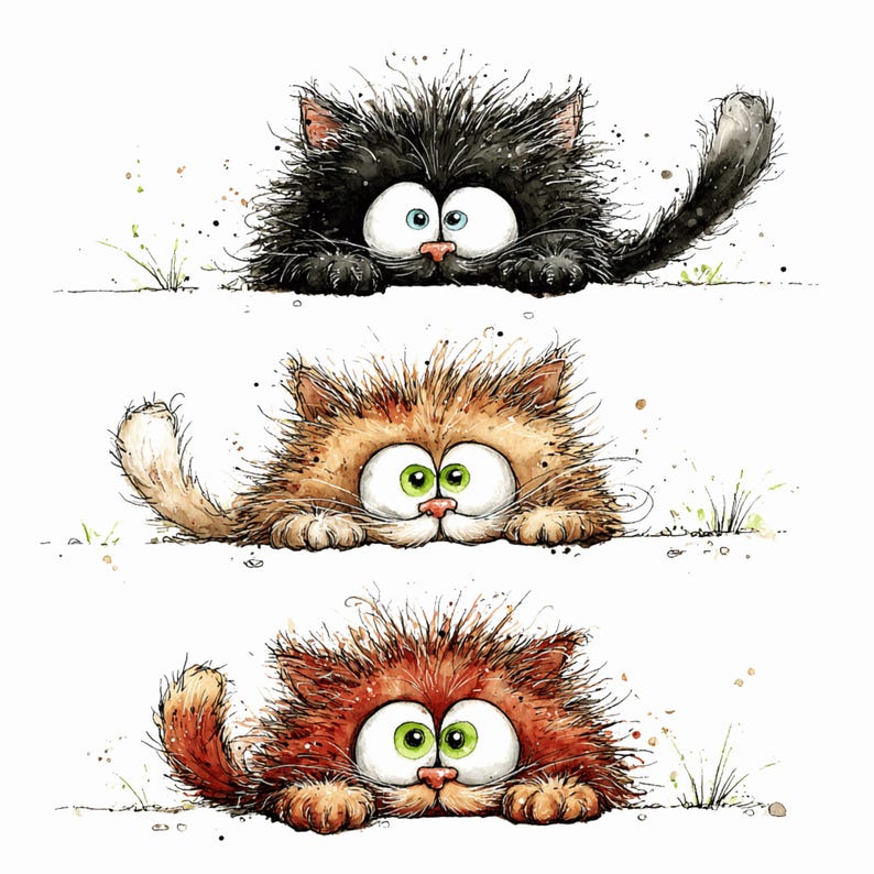 Puede incluir: Una ilustraci&oacute;n en acuarela que muestra tres gatos esponjosos asom&aacute;ndose sobre una l&iacute;nea horizontal. El gato superior es negro con ojos azules, el del medio es beige con ojos verdes y el inferior es marr&oacute;n rojizo con ojos verdes.