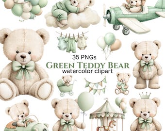 Watercolor Teddy Bear Clipart: Green Baby Teddies Graphics (Digital Download 35 PNGs)