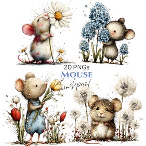 May include: Watercolor illustrations of adorable mice with flowers. One mouse sniffs a daisy, another sniffs blue hyacinths, a third holds a bouquet of yellow tulips, and the last one is surrounded by dandelions. The text "20 PNGs MOUSE clipart" is also visible.
