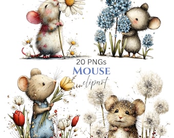 Cute Mouse Flowers Clipart: Mice Graphics (Digital Download - 20 PNGs)