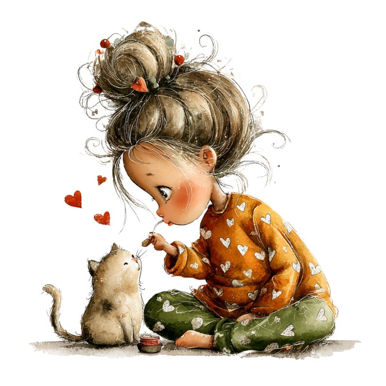 Whimsical Girl and Cat Love Clipart: Nursery Graphics (Digital Download - 24 PNGs)

A charming collection of clipart illustrations featuring a sweet, wide-eyed girl and her cute cat friend. Each illustration is designed with gentle lines, soft shading, and a dreamy, enchanted feel—perfect for children’s décor, invitations, stickers, scrapbooking, and nursery art.