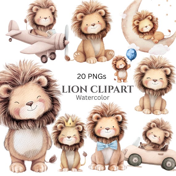 Watercolor Lion Animal Clipart: Cute Nursery Graphics (Digital Download - 20 PNGs)