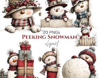 Whimsical Peeking Snowman Christmas Clipart: Festive Holiday Graphics (Digital Download - 20 PNGs)