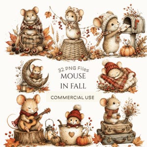 May include: A collection of 32 digital illustrations featuring mice in autumn settings, including mice with pumpkins, lanterns, guitars, and suitcases, with the text 32 PNG Files MOUSE IN FALL COMMERCIAL USE centered in the middle of the image.