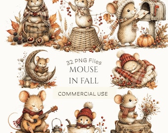 Fall Mouse Clipart Bundle: Autumn Cottagecore Mice PNG, Cute Woodland Animal Watercolor (Digital Download - 32 PNGs)