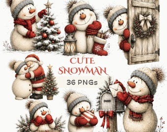Cute Snowman Christmas Clipart: 36 PNG Bundle, Watercolor Snowman, Winter Holiday Clip Art, Santa Snowman Graphics