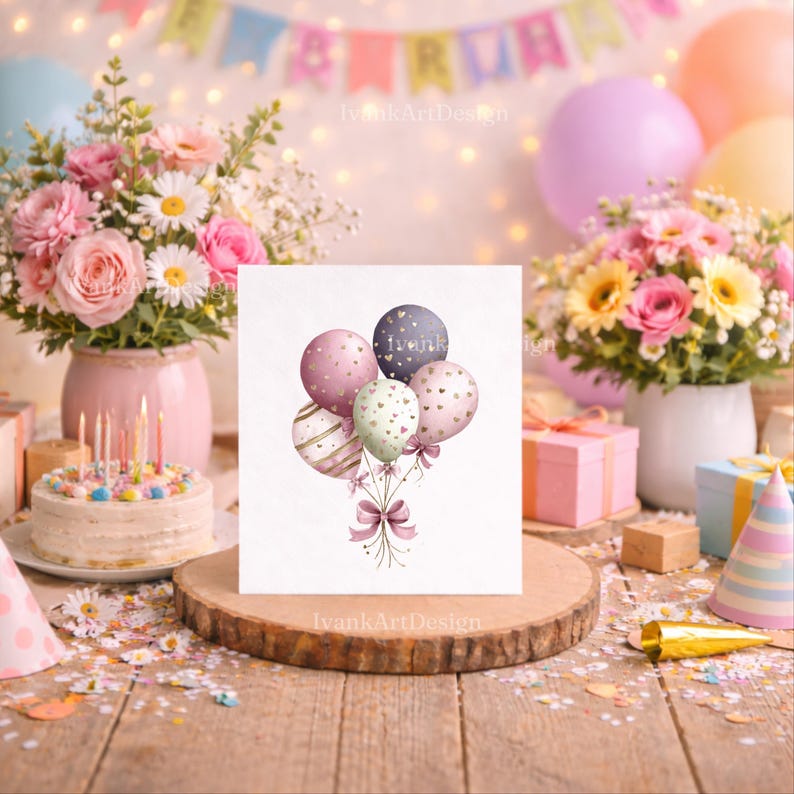 May include: A birthday-themed image featuring a card with watercolor balloons in pink, purple, and green, adorned with hearts and stripes. The card is on a wooden stand, surrounded by flowers, gifts, a cake with candles, and party decorations.