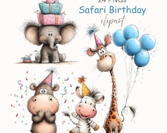 Safari Animals Birthday Party Clipart: Cartoon Graphics (Digital Download - 24 PNGs)