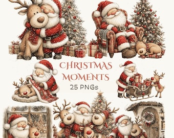 気まぐれなサンタとトナカイのクリスマス クリップアート：居心地の良いホリデー クリップアート、ビンテージ サンタ PNG (デジタルダウンロード - 25 PNG)
