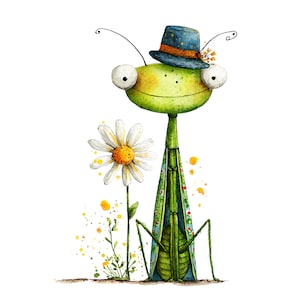 May include: A watercolour illustration of a green praying mantis wearing a blue hat with a brown band. The mantis is holding a white daisy with a yellow centre. The background is white with yellow paint splatters.