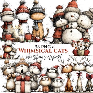 May include: A collection of whimsical Christmas-themed cat illustrations. The cats are depicted in various poses, wearing winter hats, scarves, and holding gifts. Some cats are in mugs, and others are near candles. The image includes the text "Whimsical Cats Christmas Clipart."