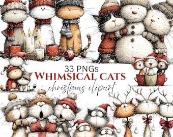 Whimsical Cats Christmas Clipart: Cute Festive Graphics (Digital Download - 33 PNGs)