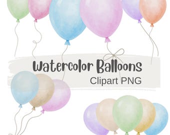 May include: A collection of watercolour balloons in pastel shades of green, pink, blue, purple, and peach. Each balloon is tied with a string and bow. The image includes the text "Watercolor Balloons Clipart PNG."