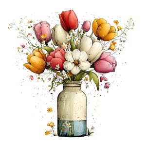 Spring Tulip Flowers Clipart: Whimsical Floral Graphics (Digital Download - 24 PNGs)

A whimsical tulip flowers clipart illustration bursting with playful elegance and fairy-tale charm. The tulips stand tall with gently swaying stems, their rounded petals curling and overlapping in exaggerated, storybook shapes