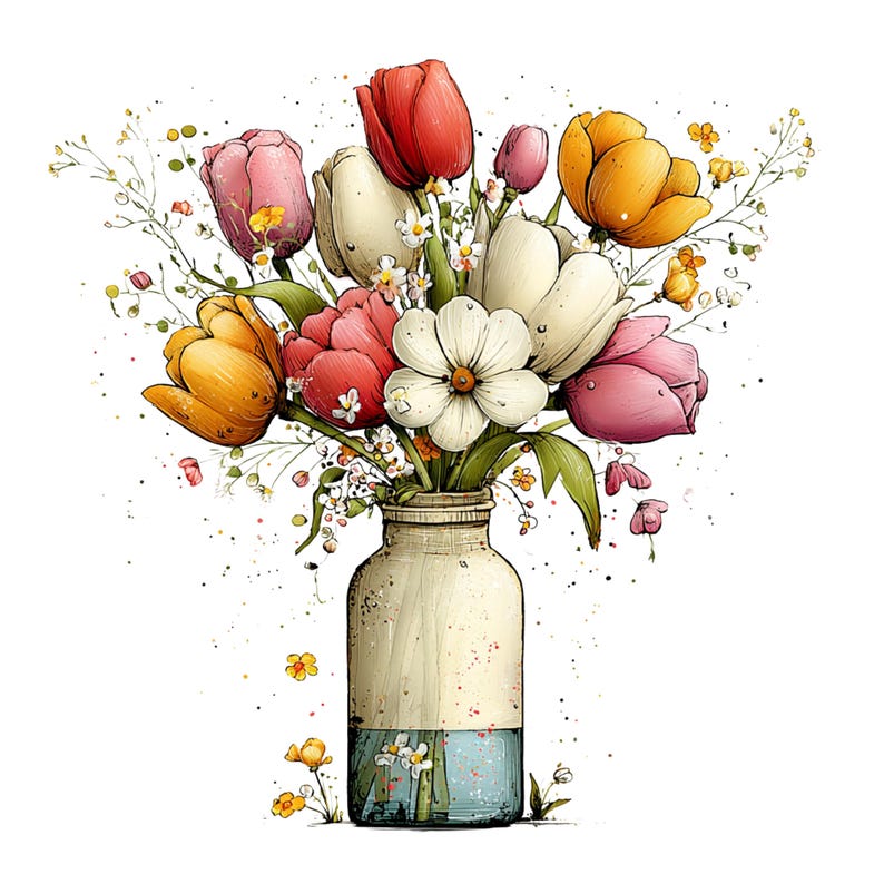 Spring Tulip Flowers Clipart: Whimsical Floral Graphics (Digital Download - 24 PNGs)

A whimsical tulip flowers clipart illustration bursting with playful elegance and fairy-tale charm. The tulips stand tall with gently swaying stems, their rounded petals curling and overlapping in exaggerated, storybook shapes
