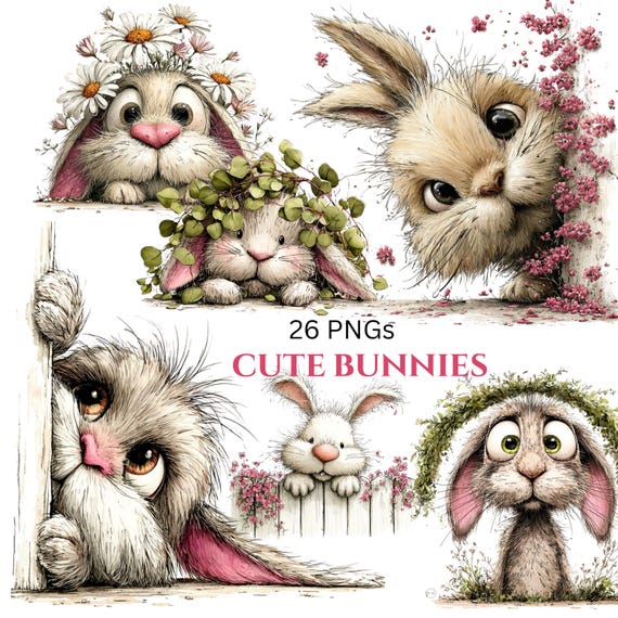 Whimsical Rabbit Clipart: Peeking Easter Bunny Graphics (Digital Download - 26 PNGs)