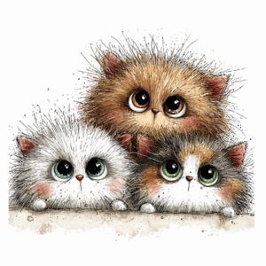 Puede incluir: Ilustraci&oacute;n de tres gatitos esponjosos con ojos grandes y expresivos. El gatito superior es marr&oacute;n, el del medio es blanco y el inferior es calic&oacute;. Miran por encima de un borde, sobre un fondo blanco.