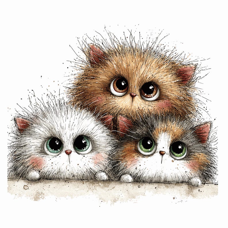 Puede incluir: Ilustraci&oacute;n de tres gatitos esponjosos con ojos grandes y expresivos. El gatito superior es marr&oacute;n, el del medio es blanco y el inferior es calic&oacute;. Miran por encima de un borde, sobre un fondo blanco.