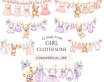 Baby Girl Clothesline Clipart: Watercolor Pink Graphics (Digital Download - 21 PNGs)