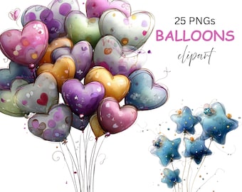 Birthday Balloons Clipart: Pink Blue Purple Heart Balloons (Digital Download - 25 PNGs)