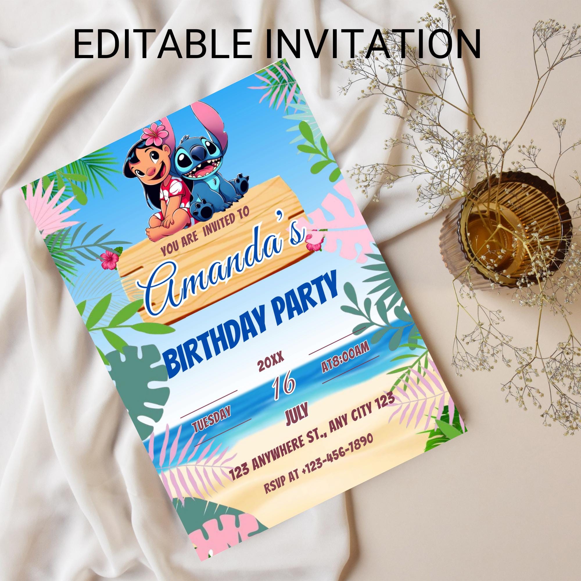 Lilo and Stitch Birthday Invitation | Editable Hawaiian Party Invite | Beautiful Invitation for Your Little One's Birthday | lilo and stitch