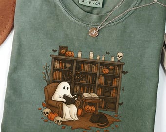 Retro Ghost Reading Sweatshirt: Comfort Colors Halloween Teacher Shirt